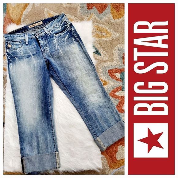 BIG STAR DENIM MADDIE CROPPED JEANS DISTRESSED WASH CALF EMBELLISHED STITCH - Picture 1 of 13